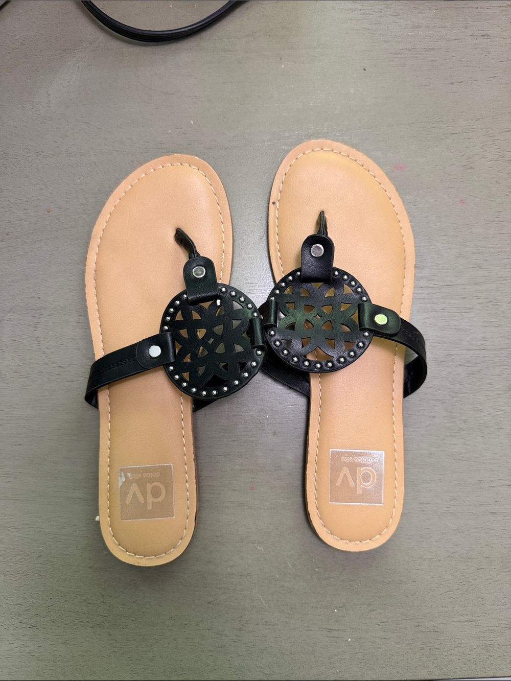 DV by Dolce Vita Black Thong Sandals with Tan Footbed